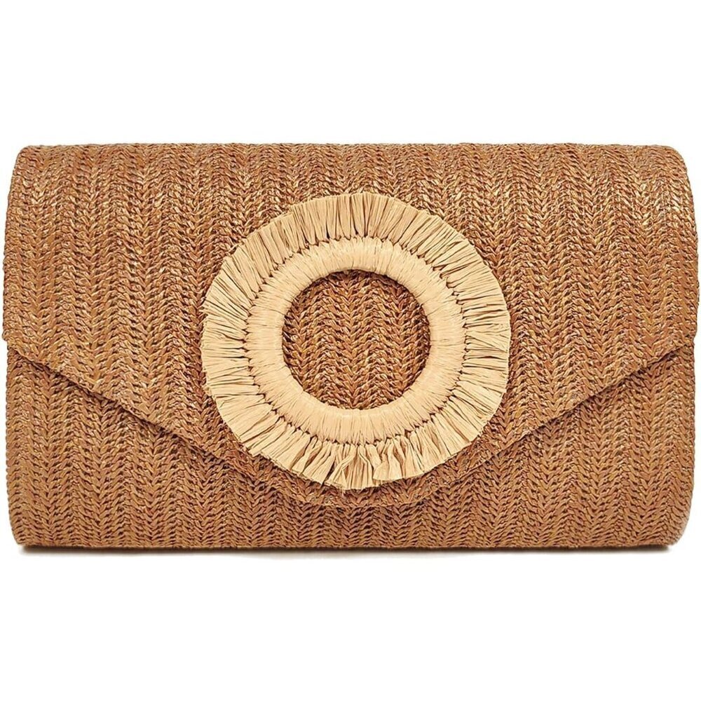 Women's Tan Summer Woven Beach Bag Envelope Evening Handbags Straw Clutch